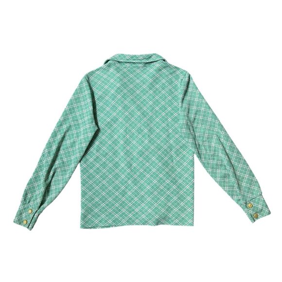70s vintage plaid pointed collar blouse green notched dagger long sleeve button. - Picture 3 of 7